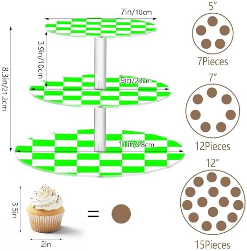 J JOYSAY Chess Checkerboard Light Green White Pattern Acrylic Cupcake Stand 3 Tier Dessert Table Display Set Clear Cake Stands for Baby Shower Party Wedding Decorations Easy Assembly Donut Tower - Image 3