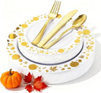 WDF 150pcs Gold Plastic Plates with Disposable Plastic Silverware - Premium Thanksgiving Dinnerware Sets for Thanksgiving Day&Parties by WDF