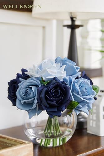 WELL KNOWN Silk Rose Artificial Flowers with Vase Artificial Rose Flower Arrangements in Round Bowl Vase with Faux Water for Home Table Decoration (Bicolor Blue) - Image 4