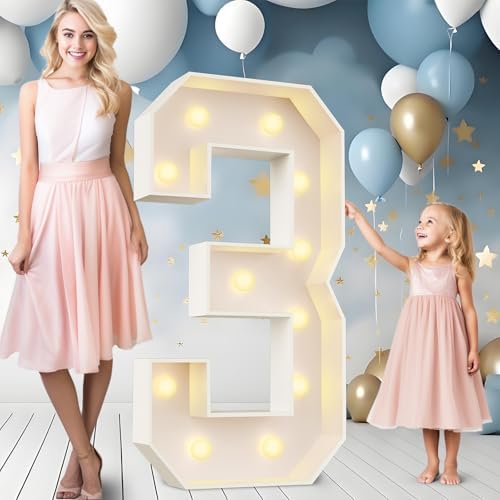 Ledido Easy-Assemble 4FT Warm White Marquee Light Up Number 3 for Birthday by Ledido
