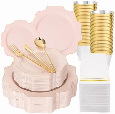 WDF 350Pcs Pink Plastic Plates - Pink and Gold Disposable Plates 50Guest Plastic Dinnerware for Baby Shower/Birthday/Wedding/Mother's Day by WDF