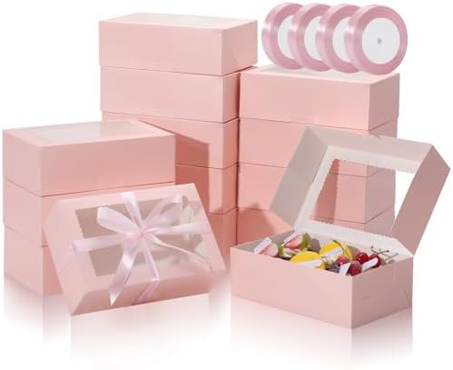COTOPHER 50Pcs Cookie Boxes with Ribbons, 9x6x3 Inch Pink Bakery Boxes by COTOPHER
