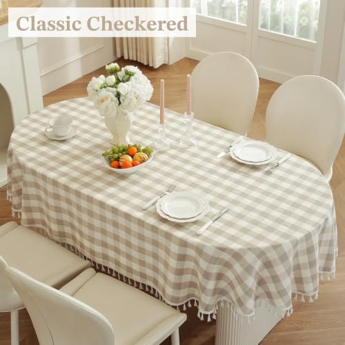 Laolitou Checkered Oval Tablecloth Washable Buffalo Plaid Table Cloth with Tassel Cotton Linen Gingham Table Cover for Picnic Kitchen Dining Room, Beige, 60 x 102 Inch - Image 2