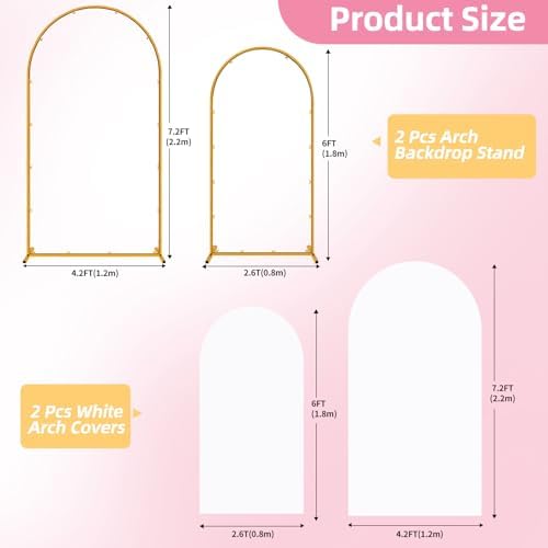 Arch Backdrop Stand and Cover Set of 2 Wedding Metal Arch Stand with Arch Cover White 7.2FT, 6FT for Wedding Party Bridal Baby Shower Birthday Ceremony Event Decor - Image 2