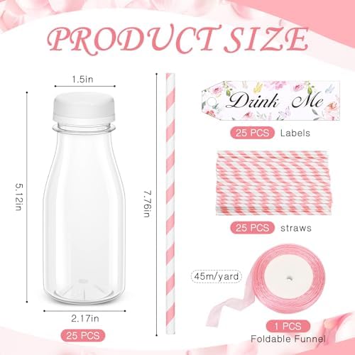 Tanlade 25 Set 8 oz Plastic Milk Bottles with Straws and Lids with Drink Me Tags and Ribbon for Tea Party Wedding Favor Baby Shower Gender Reveal Drink Gift - Image 3