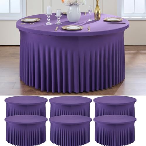 6 Pack Purple Spandex Round Tablecloths for 60 inch Table, Wrinkle Free Stretchy 120inch Fitted 5FT Round Table Cover Cloths with Skirt for Wedding Party Dining Banquet by Htper