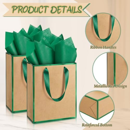 Yeaqee 50 Pack Metallic Paper Gift Bag Bulk with Handle, Kraft, Green - Image 3