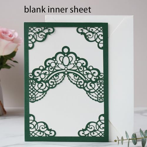 Hosmsua 50PCS Blank Emerald Green Crown Quinceanera Invitations with Envelopes, 5.1x7.3 Inch Laser Cut Floral Pocket Invitation Cards for Quinceanera Birthday Quince Anos Invite - Image 3