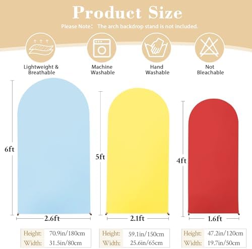 Red Yellow Blue Arch Backdrop Cover 3 Set-4FT, 5FT, 6FT Spandex Fitted Wedding Arch Stand Covers for Baby Shower Birthday Party Wedding Ceremony Photo Balloon Arch Stand Background Decorations - Image 5