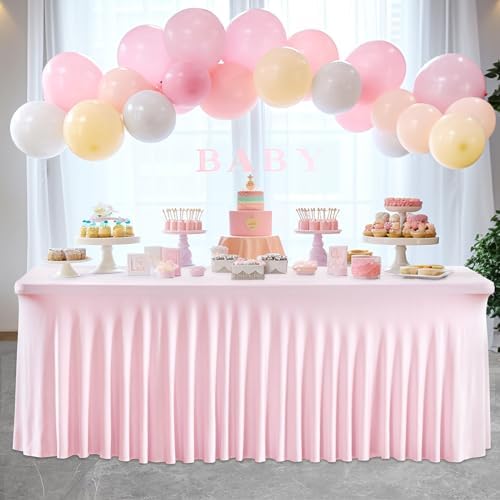 2 Packs Pink Table Clothes for 4 Foot Rectangle Tables, One-Piece Wrinkle Resistant Stretch Spandex Table Covers with Skirt for Event Banquet Wedding Birthday Party - Image 3