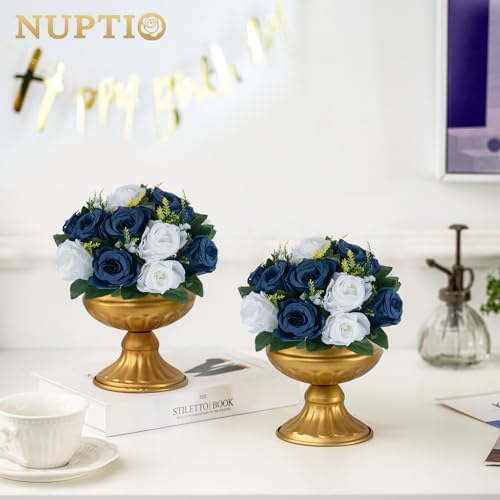 NUPTIO Artificial Flower Centrepieces for Tables - 10 Pcs Navy Blue & White Fake Flowers Roses Balls 9.5in Diameter - Silk Faux Rose Arrangement for Wedding Party Centerpiece Table Decorations - Image 3