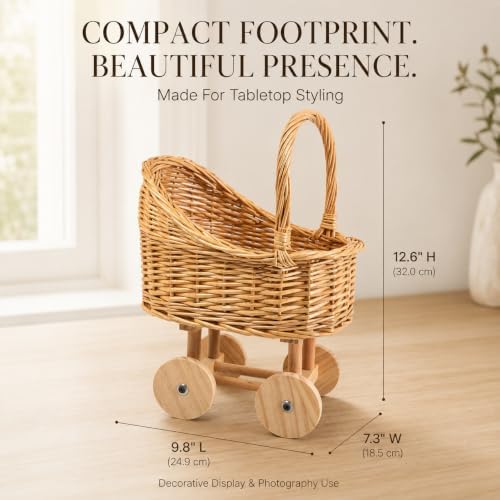 Wicker Baby Carriage Basket, Vintage Rattan Stroller Flower Basket for Baby Shower Centerpiece, Woven Carriage Decor for Wedding, Nursery Display and Photography Prop (Small) - Image 5