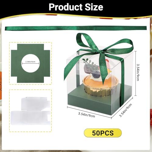 EUSOAR Clear Cupcake Boxes, 3.5 Inch 50 Pack Muffins Gift Wrappers Cake Containers with Inserts and Ribbon, Dessert Pastry Holder Disposable Cookies Carrier for Wedding Party Favor Bakery-Green - Image 2