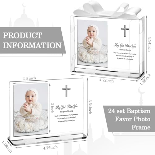 Vercraft 24 Set Baptism Picture Frame 3.5 x 5 Acrylic Baby Shower Baptism Favor Christening Gifts for Boy Girl with Plastic Crystal Boxes and Satin Ribbon Bows for Religious First Communion(White) - Image 2