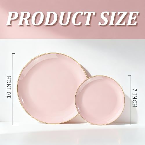 bUCLA 200PCS Pink Plastic Plates - Heavy Duty Pink Disposable with Gold Rim - Include 100 Each (10 inch Dinner & 7 inch Dessert) Plates, Ideal for Party & Wedding - Image 3