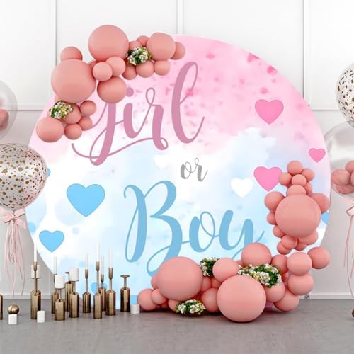 YongFoto Boy or Girl Gender Reveal Round Backdrop Cover 4ft Loving Heart Pink Blue Photography Background He or She Pregnancy Reveal Welcome New Baby on The Way Party Banner Photoshoot Props by YongFoto
