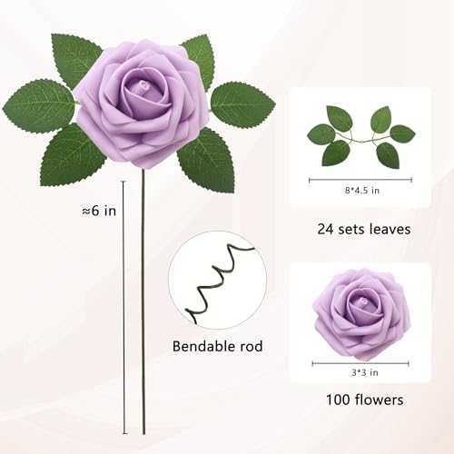 Artificial Flowers Realistic Roses, 100pcs Real Looking Fake Roses with Stem for DIY Wedding Bouquets Centerpieces Bridal Shower Party Home Romantic Decorations (Light Purple) - Image 2