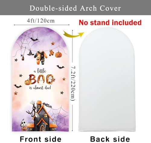Halloween Baby Shower Arch Backdroop Cover 7.2ft A Little Boo is Almost Due Boy Girl Gender Neutral Wall Stretchy Fitted Fabric Fall Autumn Reveal Arched Photo Booth Background (4x7.2ft/120x220cm) - Image 2
