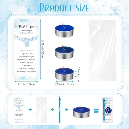 Spakon 60 Sets Baby Shower Favors for Guests Include Unscented Tealight Candles Multicolor Ballpoint Pen Thank You Card OPP Bags Gender Reveal Gifts for Baby Shower Game Prizes(Blue,Boy) - Image 3