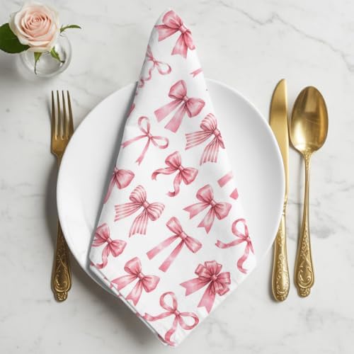 Pink Ribbon Bow Cloth Napkins Set of 8, Fantasy Sweet Bows Abstract Modern Art Washable Reusable Dinner Cocktail Napkin for Kitchen Party Wedding Banquet Holiday Baby Shower Table Decor - Image 2