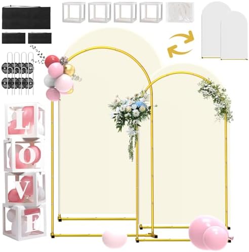 Wedding Arch Backdrop Stand and Covers Set of 2 (7.2FT & 6FT),Double-Color Spandex Fitted Arch Covers Balloon Arch Stand for Wedding/Baby/Shower/Birthday/Party Decor/Indoor Outdoor Use (White+Cream) by LIFENCE