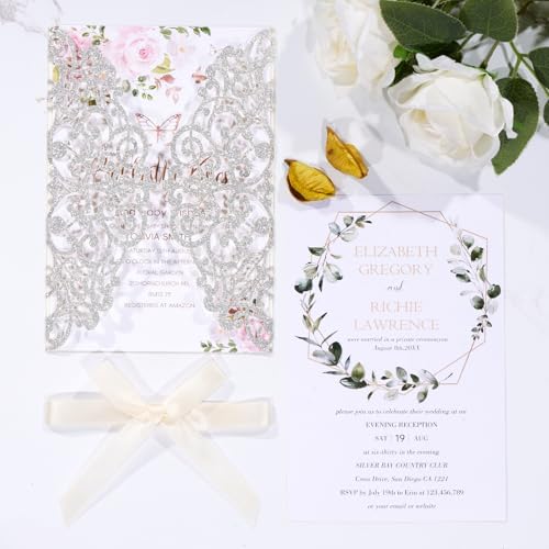50Pcs Sliver Glitter Wedding Invitations with Envelopes and Rsvp Cards - Image 3