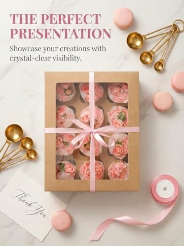 qiqee Auto-pop Up Cupcake Boxes with Window Brown 40PCS 12 Count Cupcake Box 13"x10"x3.5" Cupcakes Carrier, 12 Cupcake Containers with 2 rolls of pink ribbons - Image 6