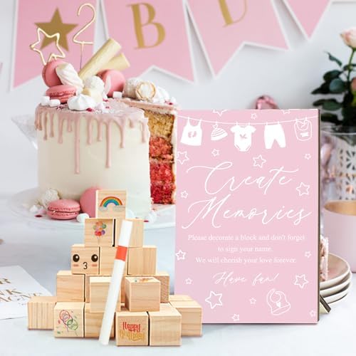 97 Pcs Pink Baby Shower Games Sign Kit,Including Decorate a Block Game Sign 72 DIY Blank Wooden Block 24 Pen to Draw Your Idea for Baby Shower Game Gender Reveal Party - Image 5