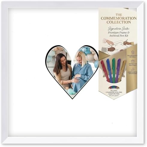 Solid Wood Signature Frame With Heart Opening - White Wood - Black Accent Mat - Guest Book Alternative With Gel Pens Made in the USA by CustomPictureFrames