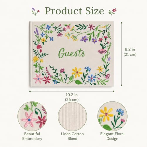 Embroidered Floral Guestbook for Wedding, Bridal Shower & Baby Shower, Linen Guest Sign-In Keepsake with Blank Ivory Pages, Lay-Flat Design & Ribbon Bookmark, 10.25” x 8.25” (Wildflower Garden) - Image 2