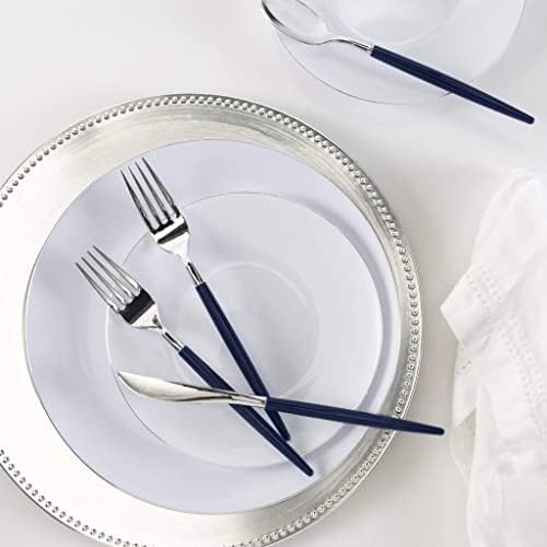 Luxe Party 128 Pieces Two Tone Plastic Disposable Cutlery | Forks-Spoons-Knives | Full Size | Chic Round | Navy and Silver - Image 5