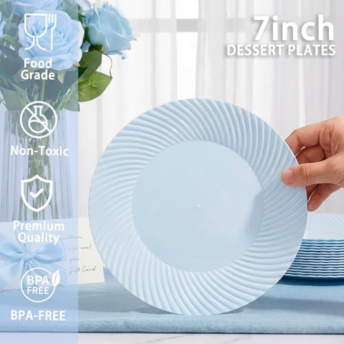 IOOOOO 100 Pcs 7" Blue Plastic Dessert Plates, Fancy Blue Cake Plates - Image 2