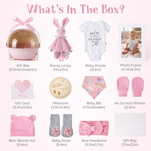 Baby Girl Gift Set - 12 Pcs Newborn Essentials with Bunny Lovey, 100% Cotton Onesie, Milestone Sign & Photo Frame - Unique Carriage Storage Box, Ready-to-Gift Baby Shower Gifts for Newborn Girls - Image 2