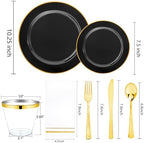 SUT 350-Piece Black and Gold Disposable Plates - Elegant Plastic Dinnerware for 50 Guests, Includes Cups & Napkins | Durable Leak-Proof Design for Weddings, Birthdays, Holidays - Image 3