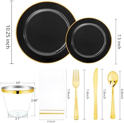 SUT 350-Piece Black and Gold Disposable Plates - Elegant Plastic Dinnerware for 50 Guests, Includes Cups & Napkins | Durable Leak-Proof Design for Weddings, Birthdays, Holidays - Image 3