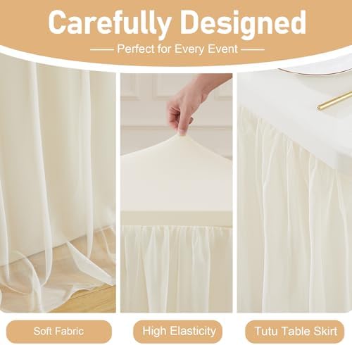 6 Pack Ivory Tablecloth Rectangle 6ft Elastic Fitted Tulle Table Cloth Stretch Spandex Rectangular Table Cover with Ruffle Skirt for Wedding Birthday Baby Shower Party Banquet Dessert Table Decor - Image 6