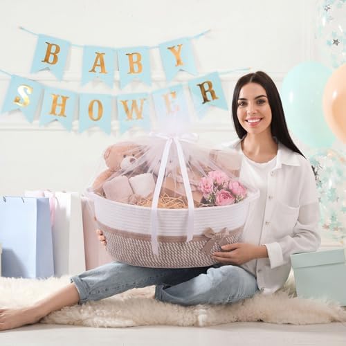 Colingmill Large Woven Gift Basket Empty 17”x13”x7.6” Jumbo Storage Basket with Gift Bag Ribbon and Tulle Gifts Card Paper Filler for Wedding DIY Baby Toy Baskets with Handles(Khaki,Stripe) - Image 6