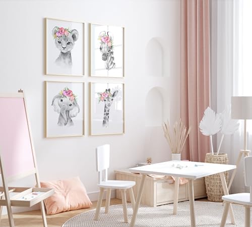 Prints Made Perfect Safari Nursery Wall Art Set - Baby Animal Prints Jungle Theme Decor - Elephant Giraffe Lion Zebra With Pink Flowers- Nursery Wall Decor for Kids Room or Baby Shower Posters - Image 4