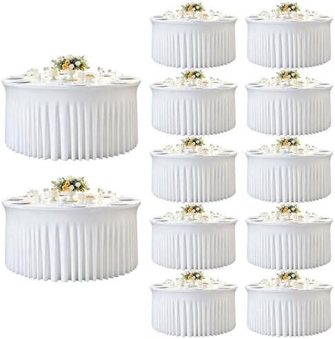 12 Pack 132inch White Round Tablecloth, Circle Stretch Table Cloths for 6 FT Tables, Wrinkle Free Round White Table Skirt for Wedding Birthday Photography Party Social Events Bridal Shower Decor by Creativepartyuniquedecorat