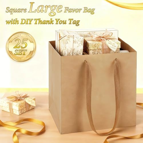 Windyun 25 Pcs Square Paper Gift Bags with Handle 10 x 10 x 10'' Large Favor Bag with DIY Thank You Tag for Wedding Christmas Bridal Shower Bridesmaid Birthday Party (Kraft) - Image 4