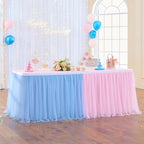 108in Blue Pink Tulle Table Skirts for Rectangle Tables 6/8/4ft, 2-Layer Gold Grim Ruffle Gender Reveal Tulle Tutu Cloth Table Skirt 9ft for Birthday Party Baby Shower Cake Dessert(No Table Cover) by ENJOYYOURPARTY