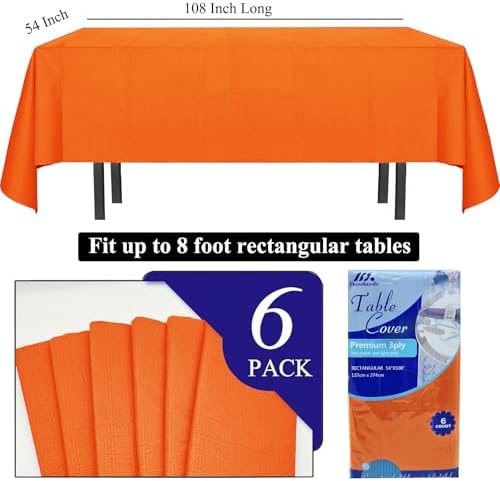 [6 Pack] Orange Paper Tablecloth Disposable for Rectangle Tables, 54 X 108 Inch Party Table Cover with Plastic Backing, Waterproof 3 Ply Table Cloth for Thanksgiving Halloween Fall Harvest Day - Image 4