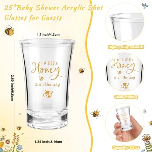 Pickmesh 25 Sets Honey Bee Baby Shower Shot Glasses for Guests Include Little Honey Is on The Way Acrylic Shot Glasses Bee Cards Bags for Gender Reveal Summer Party Favors Supplies - Image 2