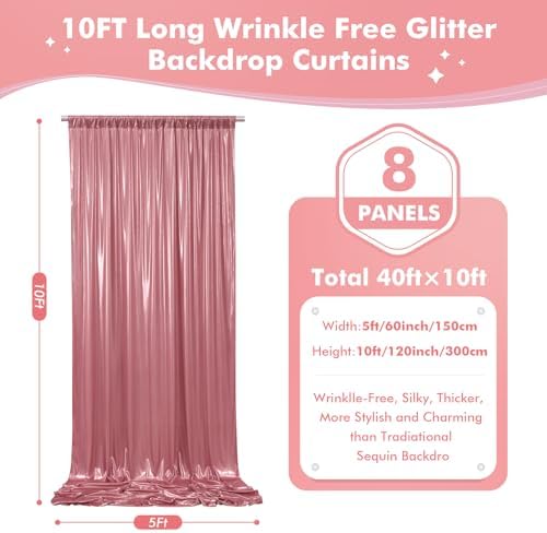 40x10ft Shimmer Rose Gold Sequin Backdrop Curtain for Parties,Thick Wrinkle Free Glitter Backdrop Drapes Rose Photo Back Drop Curtains for Birthday Wedding Party Photography Background-8 Panels 5x10ft - Image 5
