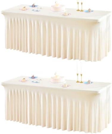 2 Packs Ivory Spandex Table Clothes for 4 Foot Rectangle Table, Spandex Table Covers 4FT Stretch Table Skirts Rectangle Tables Wrinkle Free Fitted Table Cover for Event, Wedding, Banquet & Parties by Shillance
