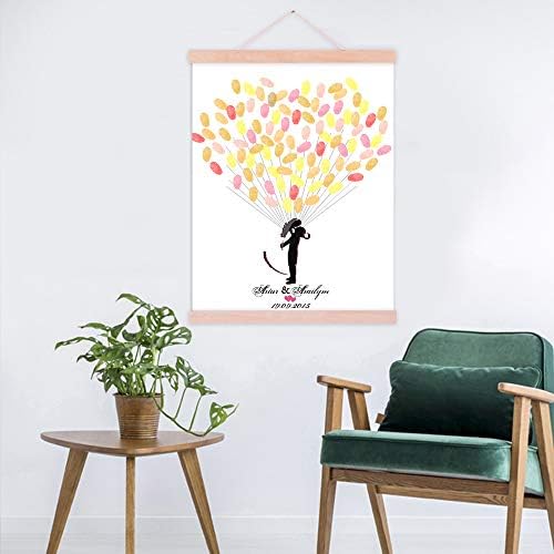 Customized Wedding Guest Book Bride and Groom with Balloons DIY Fingerprints Guest Sign in Book Canvas Painting with Wooden Hanger for Anniversary Gift-60x80cm - Image 4