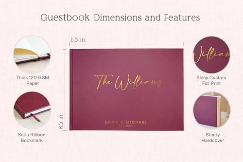Personalized Foil Wedding Guest Book - 11.5 x 8.5 Custom Wine Colored Guestbook with Customizable First Last Name Date Cover, Hardcover Photo Book for Sign in at Reception Baby Bridal Shower Party - Image 2