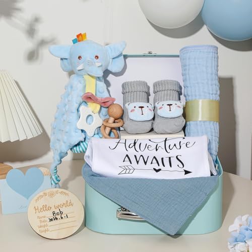 Baby Gift Set Baby Shower Gifts Basket for Newborns New Born Baby Boy Gift Set Blue Baby Gift Basket with Baby Rattle Muslin Towel Security Blanket Gender Reveal Gifts for Baby Girls Boys - Image 3