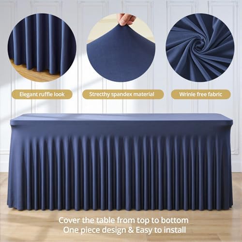 4 Pack 6ft Navy Blue Spandex Table Cloths for Rectangle Tables Wrinkle Free Rectangle Tablecloths, Stretch Fitted Table Cover with Skirt for Birthday Party Wedding Banquet Baby Shower Buffet Event - Image 6