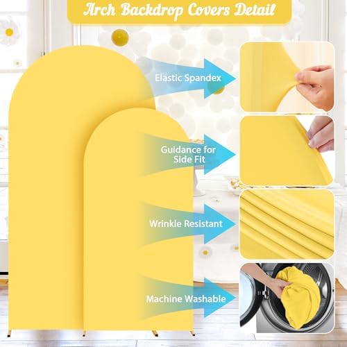 Yellow Arch Backdrop Cover 2 Set - 6.6FT, 5FT Spandex Fitted Wedding Arch Stand Covers Round Top Chiara Arch Backdrop Stands Cover for Birthday Parties Banquet Photo Background Decoration - Image 5